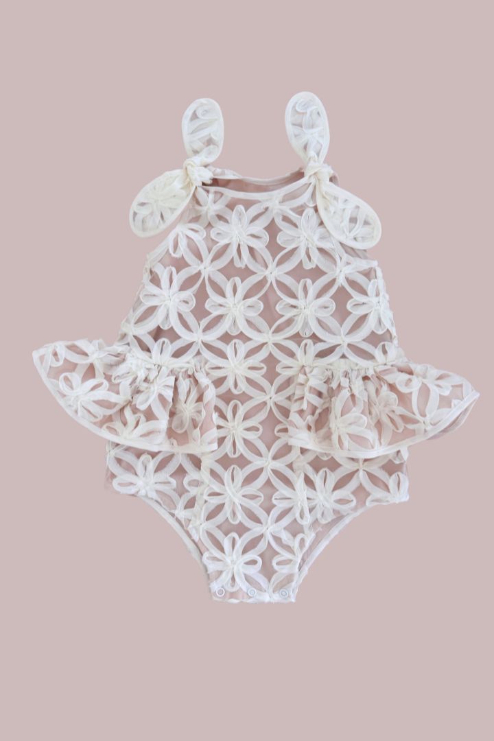 Pudding and Pie Playsuit - Ivory Rose Floral Ribbons